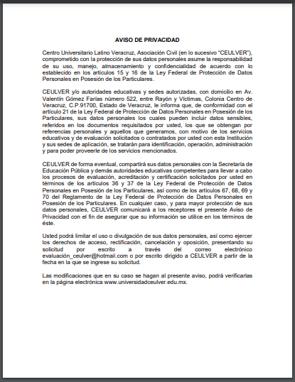 AVISO DE PRIVACIDAD. INSTITUCIÓN EVALUADORA CENTRO UNIVERSITARIO LATINO VERACRUZ A.C.